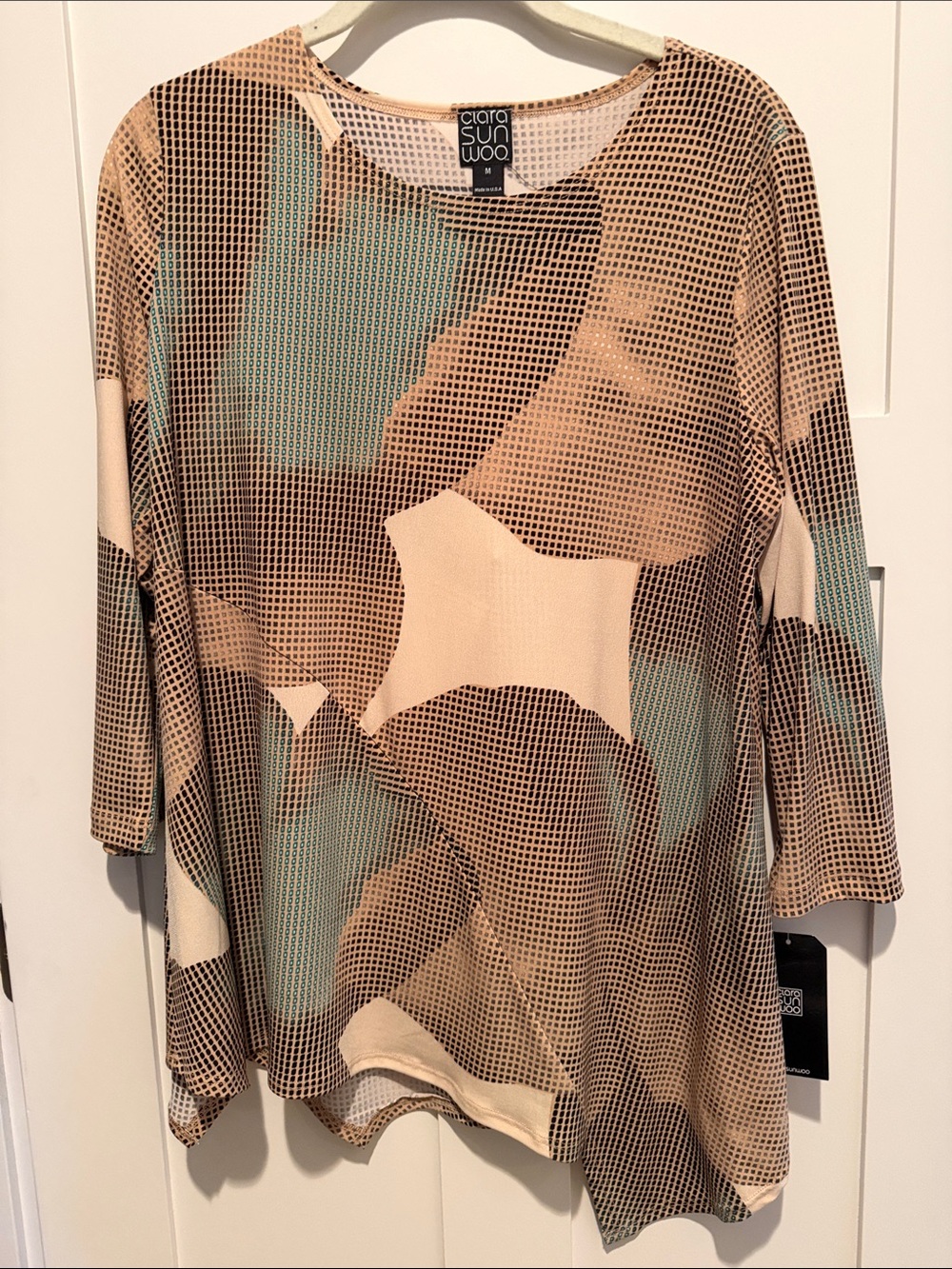 Clara Sun Woo Beige Tan and Light Blue Abstract Mesh Print Blouse